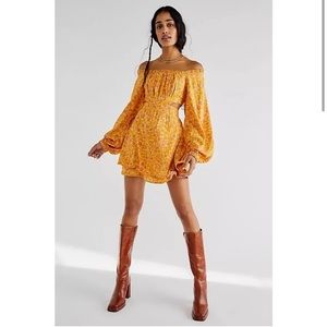 Free People Orange and Yellow Ruffled Tiered Off-Shoulder Dress